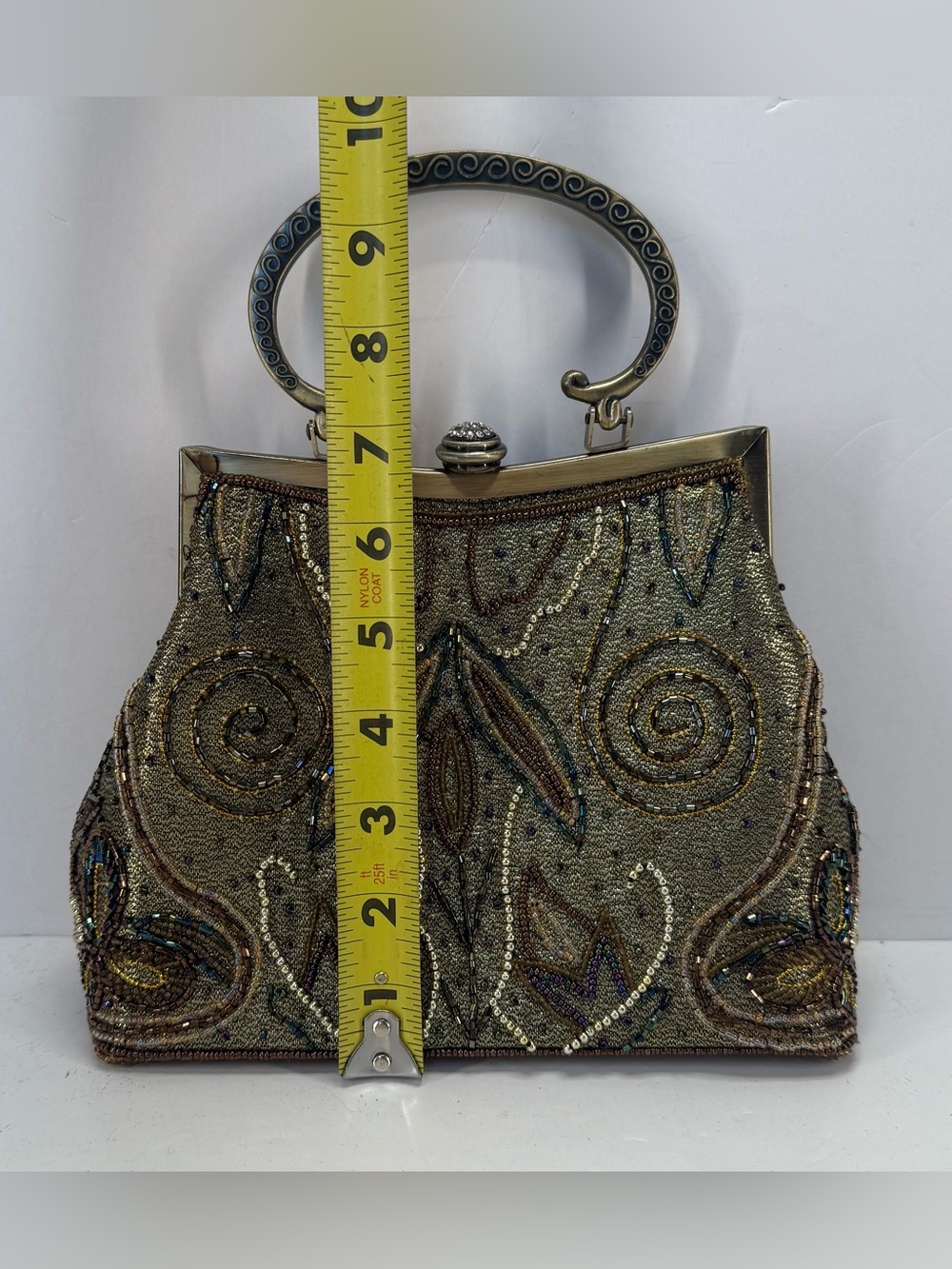 Vintage Fully Beaded Owl Metallic Gold Evening Clutch with Decorative Handle - Picture 7 of 16